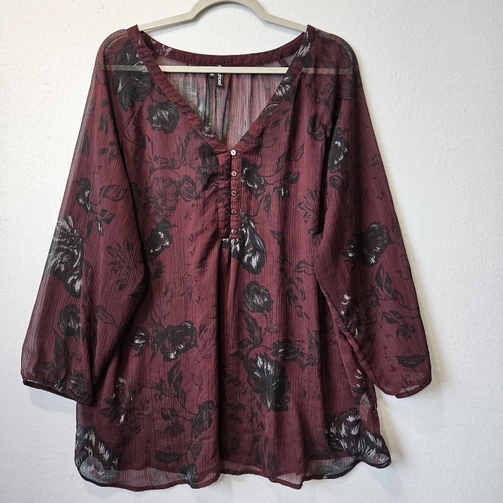 Maurices Womens Size 3 Burgundy Black Floral Sheer Blouse Long Sleeve Pullover
